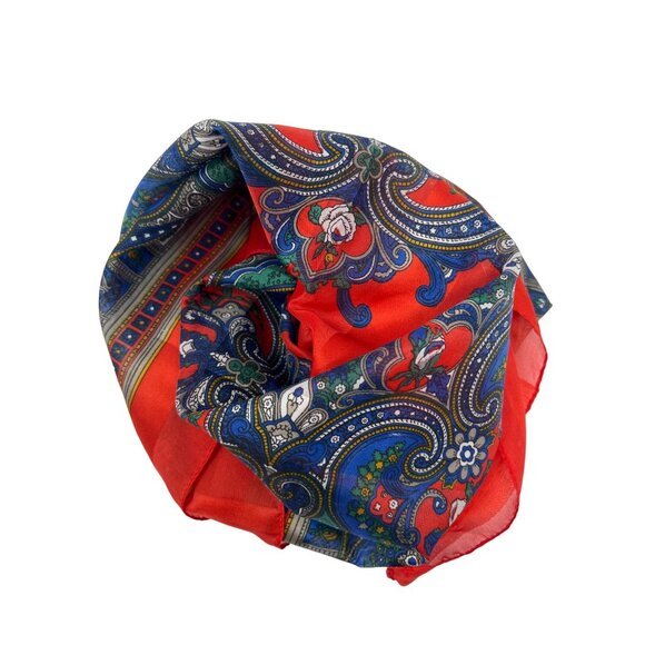 Vintage Floral Paisley Square Scarf 30x30 Light Sheer Polyester Red Blue Italy - Picture 1 of 5